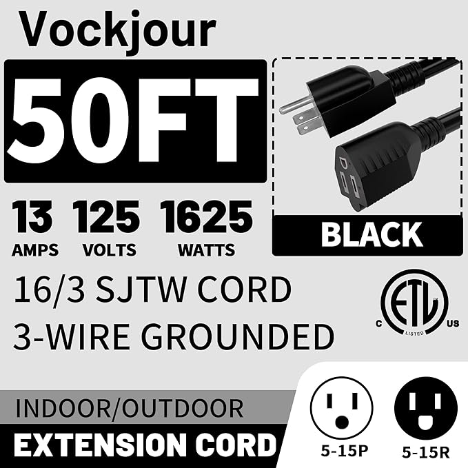 16/3 Black Indoor Outdoor Extension Cord 50 Ft Waterproof, Extension Cord with 3 Prong Grounded Plug,13A 1625W 16AWG SJTW, Flexible Weatherproof Power Cable for Offices, Gardens and Lawns