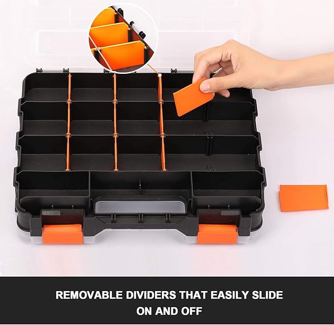 Mayouko Double Side Tools Organizer, Customizable Removable Plastic Dividers, Hardware Box Storage, Excellent for Screws,Nuts,Small Parts, 34-Compartment, Black/Orange,12.6"L x 10.6"W x 3.2"H