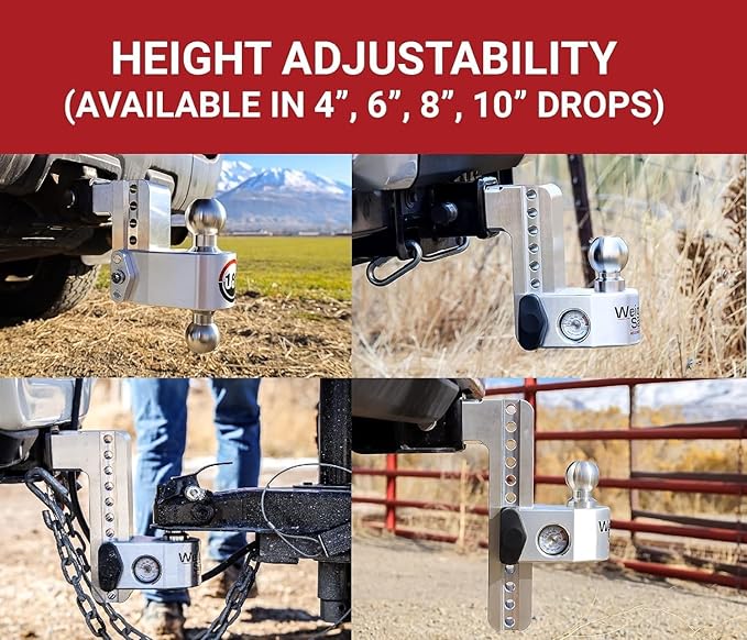 Weigh Safe Aluminum Adjustable Trailer Hitch - Towing Hitch with Built-In Tongue Weight Scale - Compatible with 2.5" Receivers - 8" Drop, Stainless Steel Tow Balls, 18,500 GTW, 4-Piece Lock Set