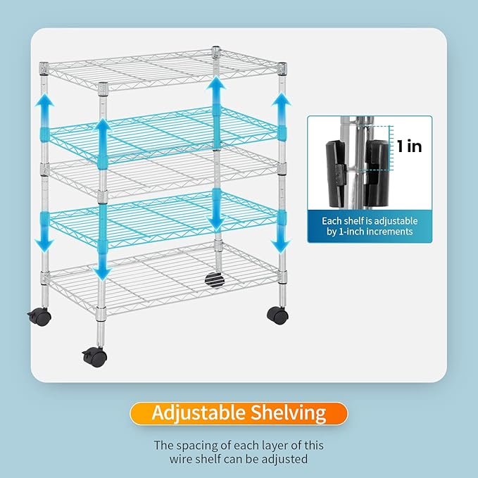 FDW 3 Tier Wire Shelving Metal Storage Shelves 23L x 13W x 32H Layer Storage Shelves with Wheels for Kitchen Garage Small Places,Chrome