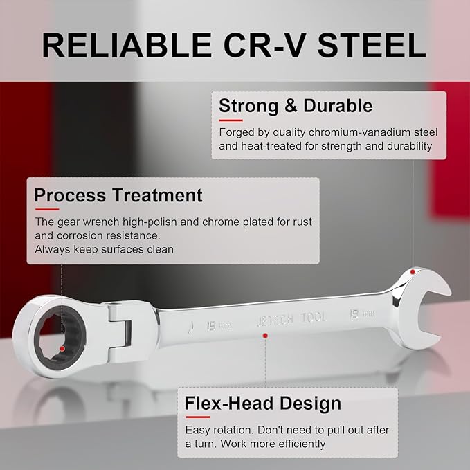 Jetech 19mm Flex-Head Ratcheting Combination Wrench, Premium Industrial Grade Spanner 72-Tooth Cr-V Steel - 180 Degree Flexible Box End Perfect for Tight Spaces, Auto & DIY Repair