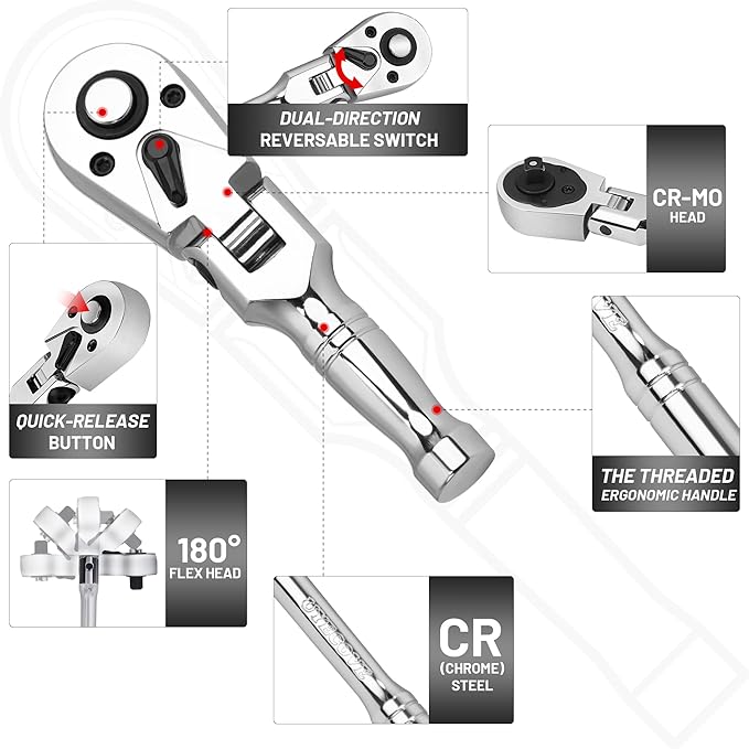 3/8 Inch Drive Stubby Flex Head Ratchet Wrench, Small Socket Wrench, 72 Tooth Quick Release Cr-Mo Swivel Head Ratchet-4.9"/125mm