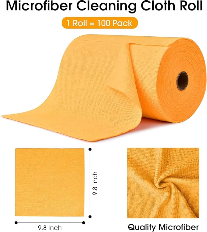 KitchLife Microfiber Cleaning Cloth Roll, 100 Pack - Tear-Away Microfiber Paper Towels, Lint-Free, Reusable, Washable for Kitchen, Car, Dishes, and Sensitive Surfaces (Tangerine Yellow)
