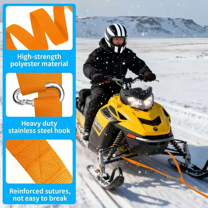 19 Ft Long Snowmobile Tow Straps Snowmobile Accessories with 2 Locking Carabiners Clips, Heavy Duty 4400lbs Break Strength Tow Strap kit for ATV, Skidoo, Ski, Sled
