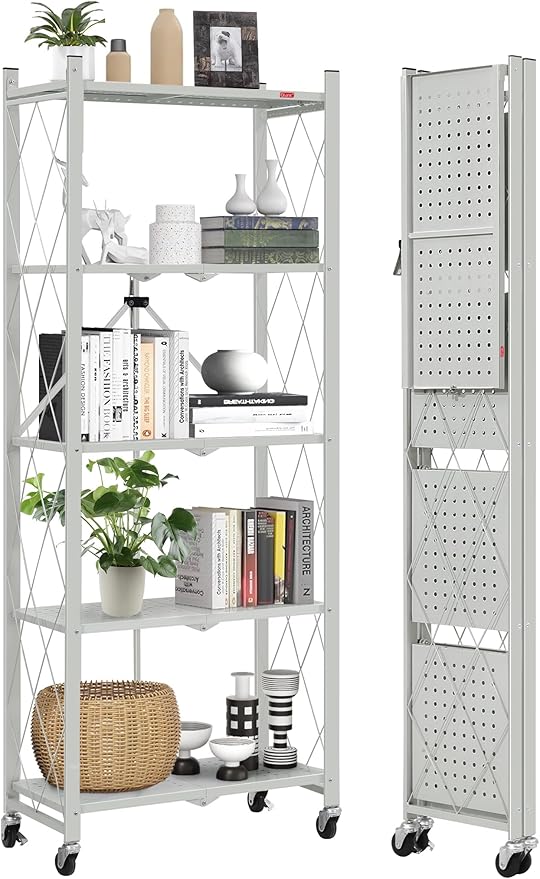 DEANIC 5-Shelf Folding Bookcase with Wheels, Rolling Bookshelf Heavy Duty Storage Shelves, Freestanding Metal Wire Shelving Unit for Living Room, Office, Kitchen, Basement, Pantry (Grey)