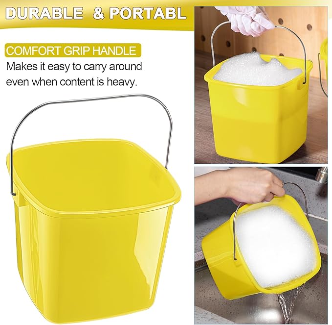 Zhehao 6 Pcs 3 Quart Bucket for Cleaning Small Sanitizer Bucket for Restaurant Square Plastic Pail with Handles for Home, Offices, Commercial Use, Food Service(Yellow)