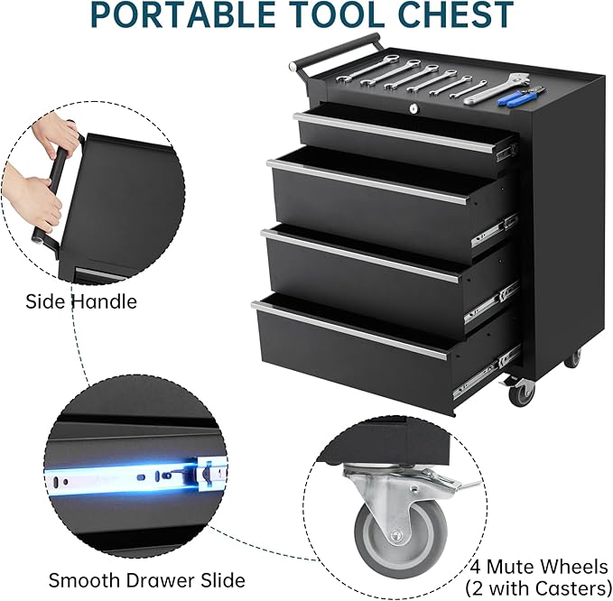 GarveeLife 4-Drawer Tool Box 24" Garage Tool Box with Key Lock and Removable Drawer Liners, Wheeled Design, Suitable for Garages, Warehouses, Workshops, and Repair Shops - Black