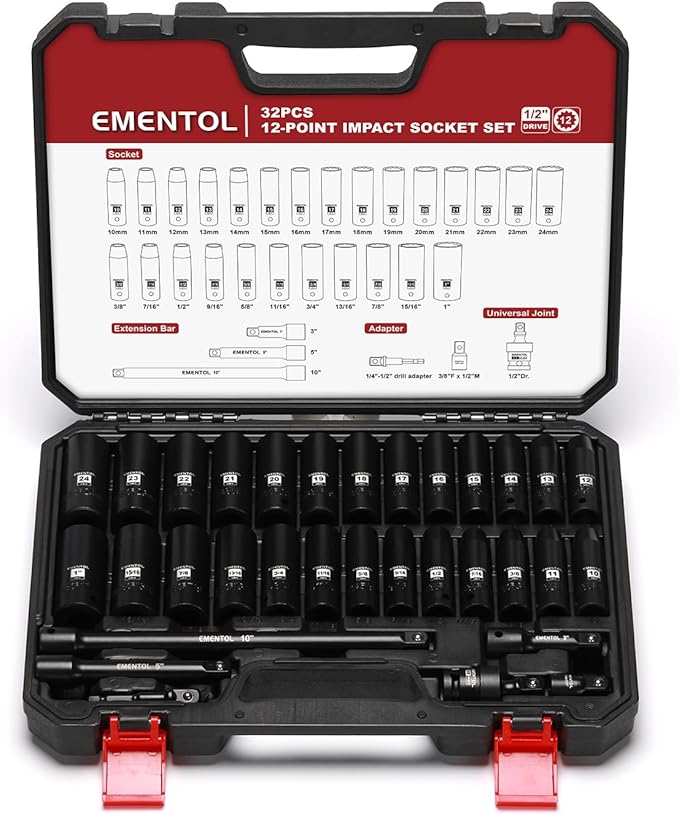 EMENTOL 32PCS 1/2" Drive Socket Set, Deep Impact Sockets, SAE(3/8"-1") and Metric(10-24mm), Including Extension Bars, Universal Joint, Drill&Socket Adapter, 12 Point Design, Cr-V Steel