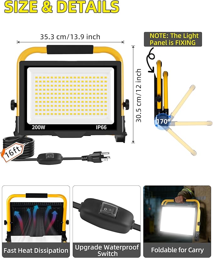 24000LM LED Work Light, 200W Ultra Brighter Flood Light with 16FT Cord Switch, Portable Worklight with Stand, 5000K IP66 Waterproof Outdoor Construction Lighting for Job Site Camping Workshop Garage