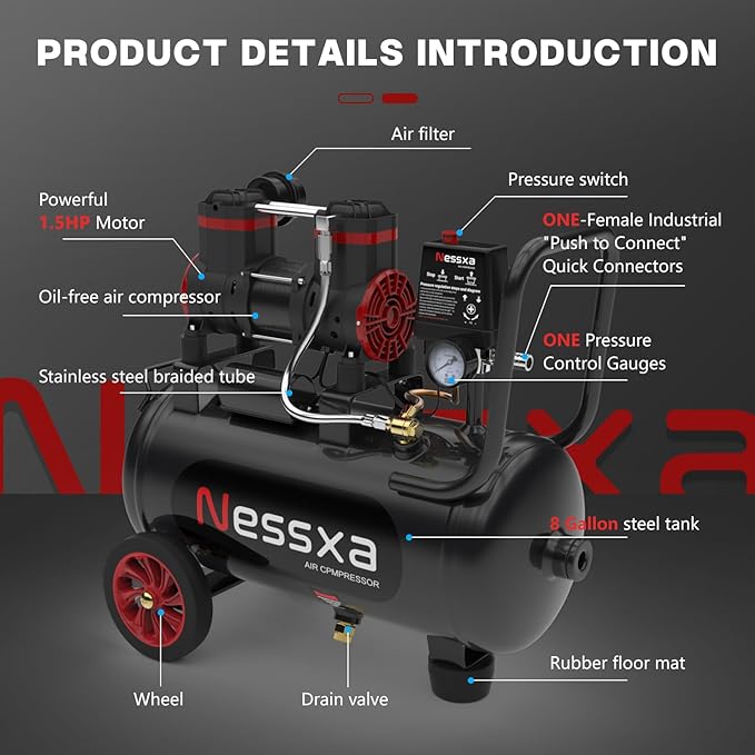 Nessxa 8 Gallon Ultra Quiet Air Compressor, 1.5HP 4.52 CFM, Max 115 PSI Oil-Free Air Compressor Tank, 110V/60hz, 70dB Air Compressor for Car Repair, Spray Painting, Woodwork Nailing