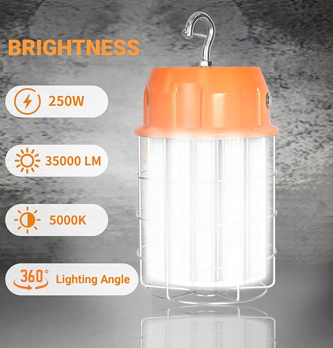 250W LED Temporary Work Light, Portable Hanging Work Construction Light,5000K 35,000 Lumens Light with Stainless Steel Shield and Hook,for Indoor Mine Job Site Lighting, Plug and Play
