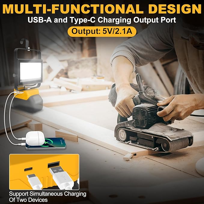 60W 6000LM Cordless Work Light Compatible with DeWalt 20V Battery (Battery Not Included), Portable LED Flashlgiht Flood Light with USB &Type C Charging for Job Site, Emergency, Fishing, Camping