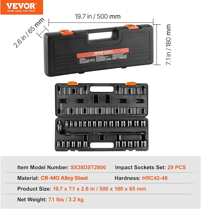 VEVOR 3/8" Drive Impact Socket Set, 29 Piece Shallow Socket Set SAE 3/8"-1" and Metric 8-22mm, 6 Point CR-V Alloy Steel for Auto Repair, Easy-to-Read Size Markings, Rugged Construction, Storage Case