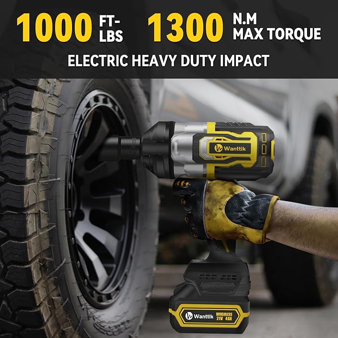 Cordless Impact Wrench 1/2 inch Impact Gun with Charger & 5 Sockets, Brushless Motor, 1000Ft-lbs, 21V, 4.0Ah Battery, Variable Speeds for Car/Pickup Truck/Mower/Industrial Tasks