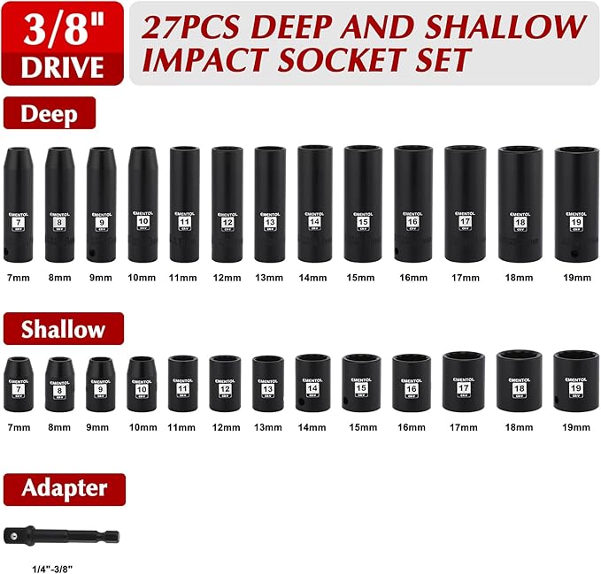 EMENTOL 3/8" Drive Impact Socket Set, 27PCS, Metric(7mm to 19mm), Deep and Shallow, 12 Point, Includes Drill Bit Adapter