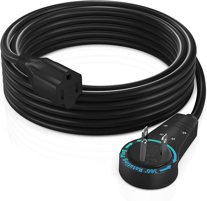 Maximm Cable 10 Feet 360° Rotating Flat Plug Extension Cord/Wire, 3 Prong Grounded Wire 16 Awg Power Cord - Black UL Certified