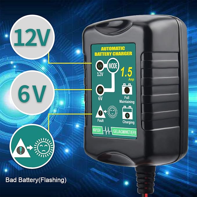 Vemote Trickle Battery Charger Maintainer, 12V / 6V Automatic Smart Battery Charger for Automotive Car Motorcycle Lawn Mower Marine Boat RV ATVs Sealed Lead Acid Battery