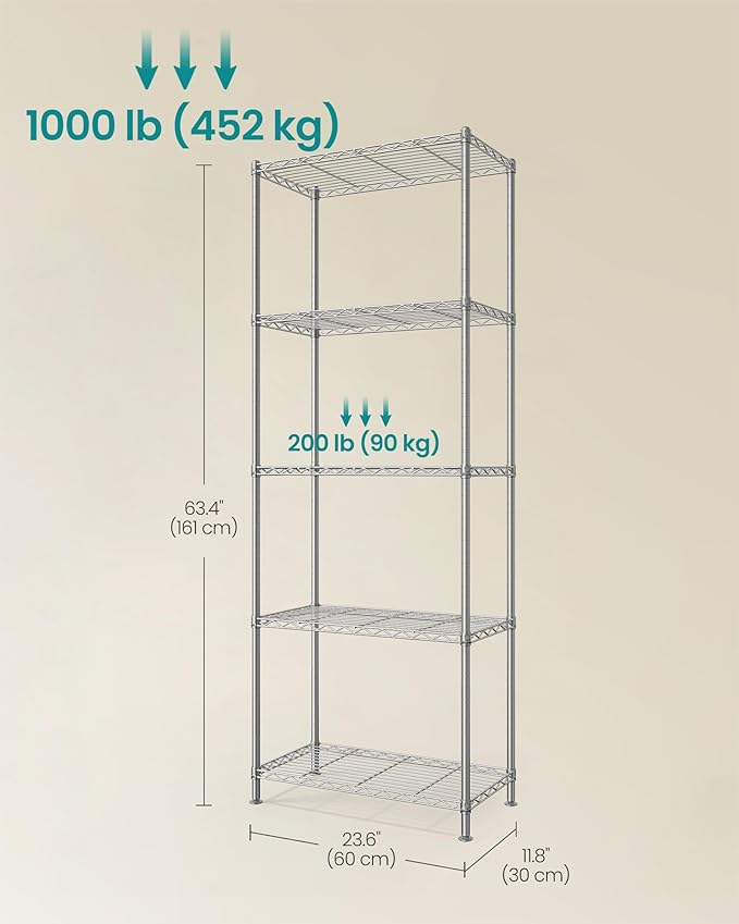 SONGMICS Storage Shelf, Metal Wire Shelving Unit, Adjustable Shelves, for Garage, Bedroom, Living Room, Kitchen, Pantry, 5 Tier, 11.8 x 23.6 x 63.4 Inches, Silver Color ULGR165EA01S
