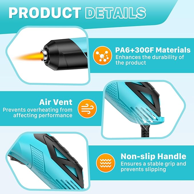 350W Mini Heat Gun with Dual Temp Settings 554℉ & 896℉ (290℃-480℃), Mini Hot air Gun with Overheat Protection Reflector Nozzle and 4.9Ft Long Cable for Crafts, Shrink Tubing and Epoxy Resin