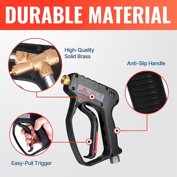 YAMATIC Pressure Washer Short Gun 5000 PSI - Stainless Steel 3/8" Swivel Plug & M22-14mm Coupler, Power Washer Stubby Trigger Handle with 1/4" Quick Connect for Foam Cannon Car Wash