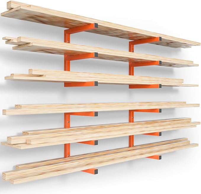 YYR Wood Organizer and Lumber Storage Rack Wall Mount, Heavy Duty Metal Shelf with 6-Level Holds Up 1200 LBS, Indoor & Outdoor Use - Orange