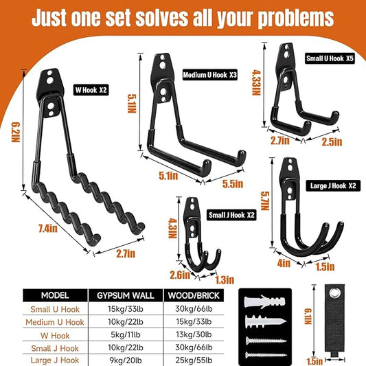 17 Pack Garage Hooks & Extension Cord Storage Straps, Steel Wall Mount Storage Hangers with Anti-Slip Coating for Bike, Ladder, Garden Tools Organization
