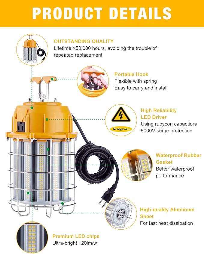 LED Temporary Work Light 60W, LED Construction Lights 7,200lm 5000K Daylight, Stainless Steel Guard Portable Hanging Work Lighting Workshop Jobsite Light Outdoor
