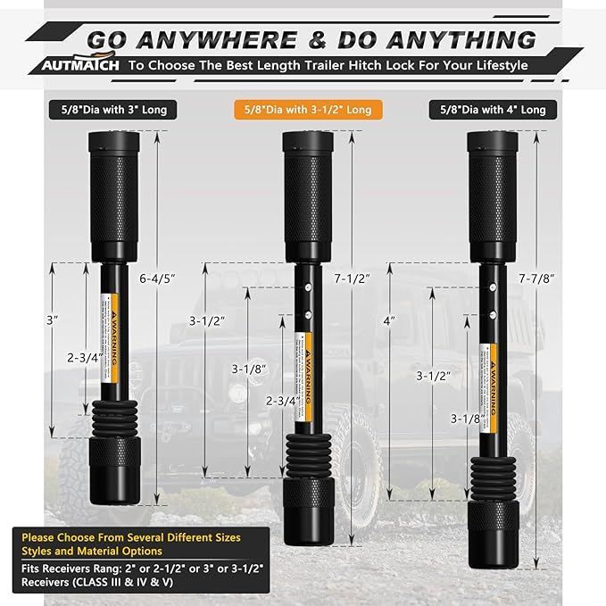AUTMATCH Trailer Hitch Lock 5/8" - 3-1/2" Extra Long Span & Anti-Theft Hitch Locking Pin, Fits Class III IV 2"-2.5" Receivers, Heavy Duty Towing Lock Pin for Jeep, Trailer, Truck, RV, Bike, Black