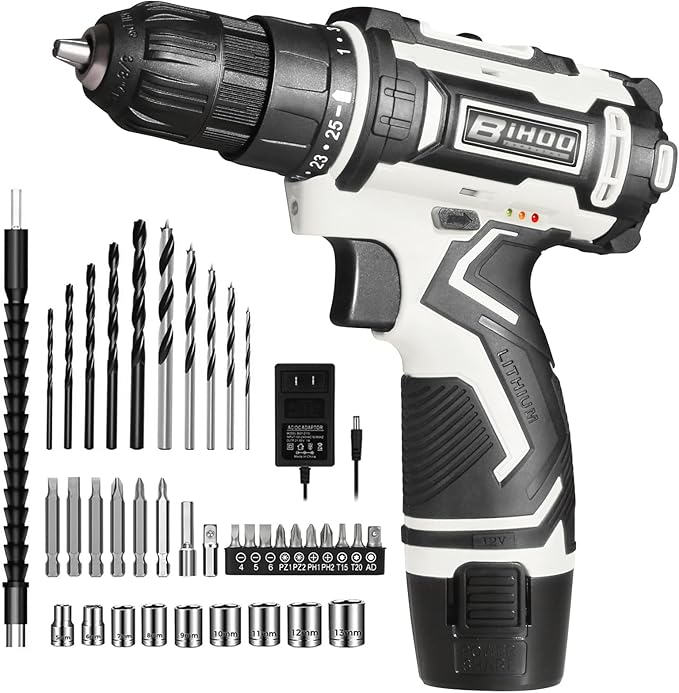 12V Cordless Drill Driver Kit, 2-Speed 0-1600 RPM, 25+1 Torque, 3/8" Keyless Chuck, LED Light, Battery & Charger, Drill Bits Set, for Wood/Metal/Plastic DIY Projects, Home Repair