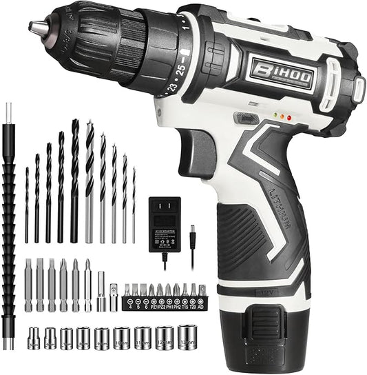 12V Cordless Drill Driver Kit, 2-Speed 0-1600 RPM, 25+1 Torque, 3/8" Keyless Chuck, LED Light, Battery & Charger, Drill Bits Set, for Wood/Metal/Plastic DIY Projects, Home Repair