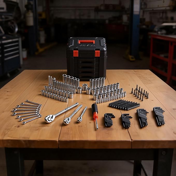 VEVOR Mechanics Tool Set, 256-Piece Mechanic Tool Kit, 1/4 in, 3/8 in, and 1/2 in Drive, SAE and Metric Socket Set, Wrenches, Screwdriver Bits, Accessories, and Storage Case, for Automotive Repair