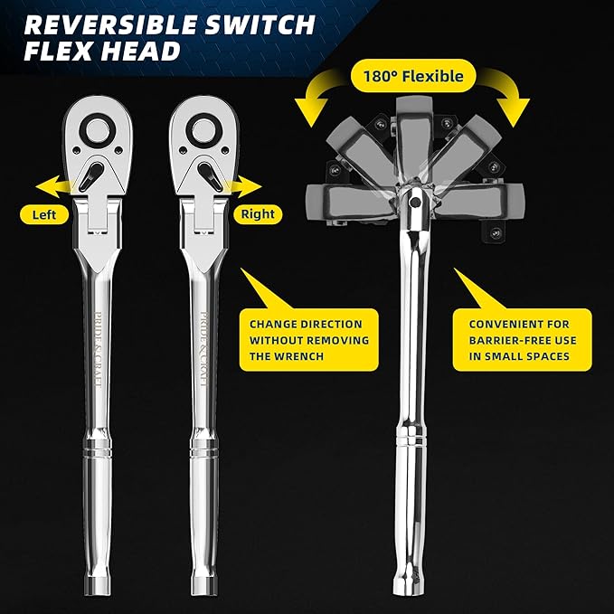 PRIDE&CRAFT 1/4" Drive Flex Head Ratchet 72-Tooth, Socket Wrench Quick Release Reversible Design, Swivel Head Ratchet, Chrome Alloy Made, EVA Organizer