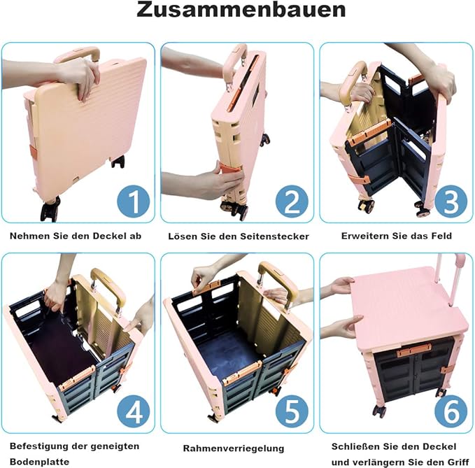 Foldable Utility Cart Folding Portable Rolling Crate Handcart Shopping Trolley Wheel Box with Lid Wear-Resistant Noiseless 360°Rotate Wheel for Travel Shopping Moving Storage Office (Pink)
