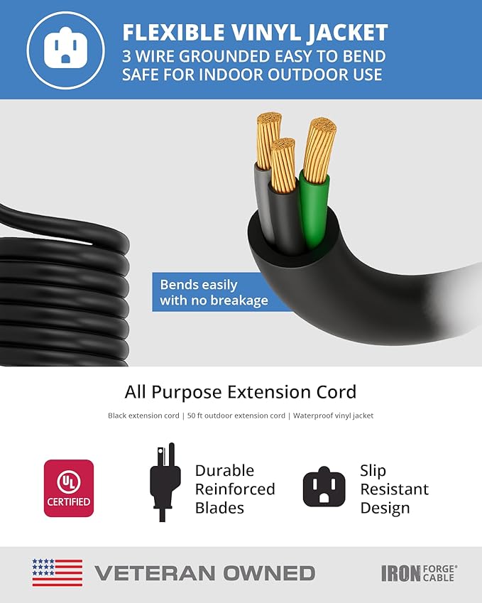 Iron Forge Cable 2 Pack 50 Ft Black Extension Cord, 16/3, 50 Foot Extension Cord, 3 Prong, Weatherproof - Great for Outside Use