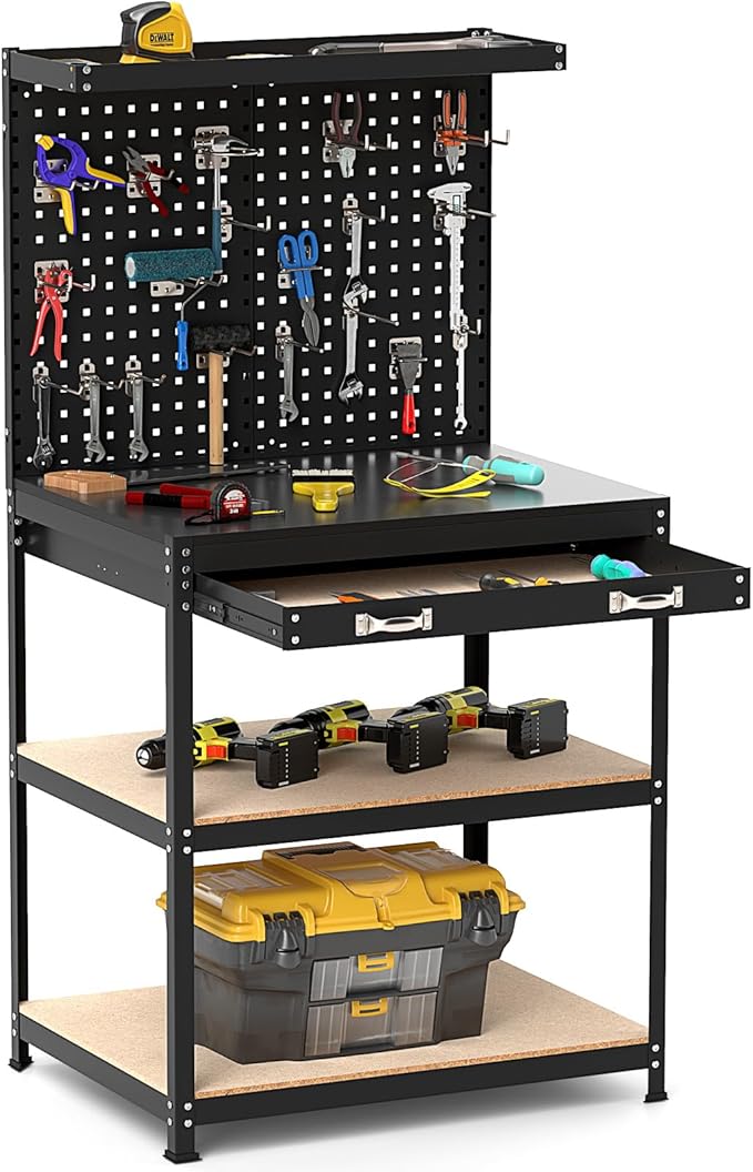 Goplus Workbench with Drawer, 32" x 16" Heavy-Duty Work Table with 2 PCS Pegboard & 4 Shelves, 19 Hanging Hooks, 495LBS Capacity, Metal Tool Storage Work Bench for Garage, Workshop, Home
