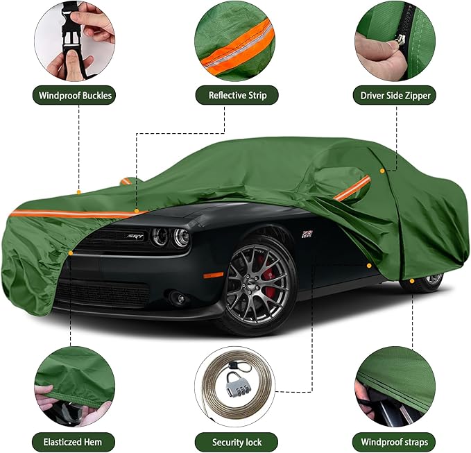 Waterproof Car Covers Replace for 2008-2025 Dodge Challenger, Multilayer Heavy Duty with Cotton Liner All Weather Car Cover with Zipper Door, Windproof Bands for Snow Rain Dust Protection