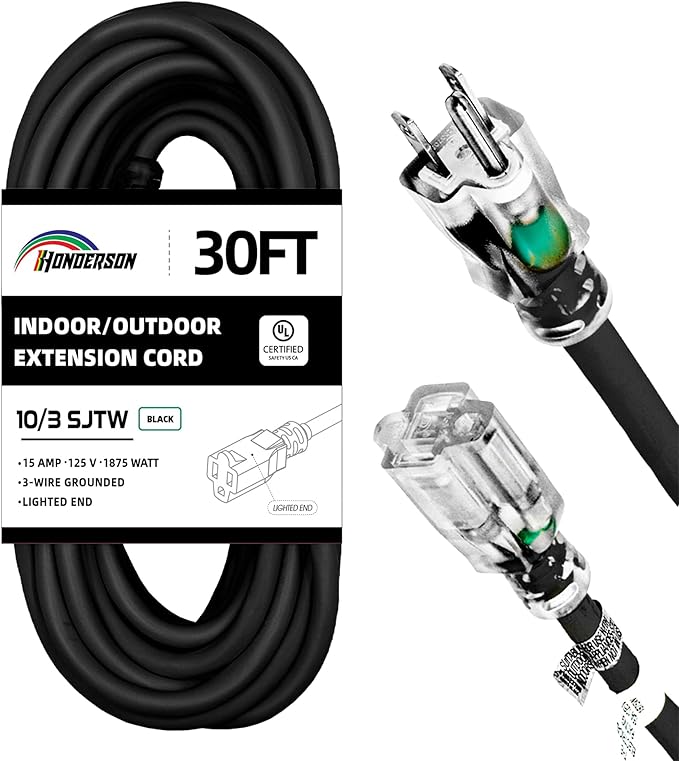 Indoor Outdoor Extension Cord Weatherproof with Lighted End, UL Listed, 10 Gauge 30FT Black 3 Prong Heavy Duty, 10/3 SJTW 15A Power Cord for Outdoor Lights, Lawn