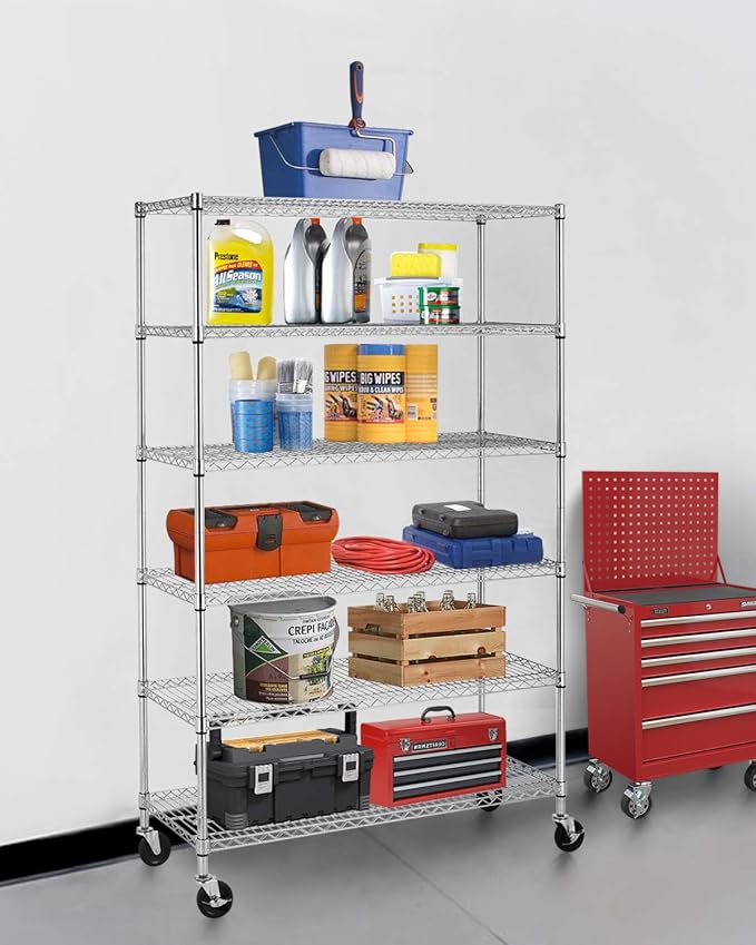 BestOffice 18x48x72 Wire Shelving with Commercial Wheels 6-Shelf Adjustable Heavy Duty Storage Shelves Metal Shelves Storage Unit Shelf,6000 LBS (Chrome)