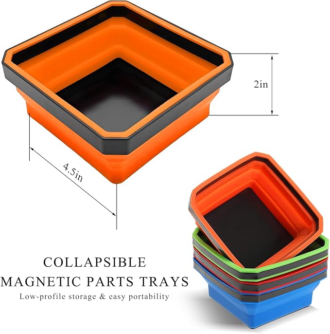 Collapsible Magnetic Parts Tray, 4.5" Square Silicone Tool Tray with Dual-Sided Magnetic Base, Foldable Small Metal Parts Organizer Storage Bowl for Screws Bolts Nuts Washers (Orange)