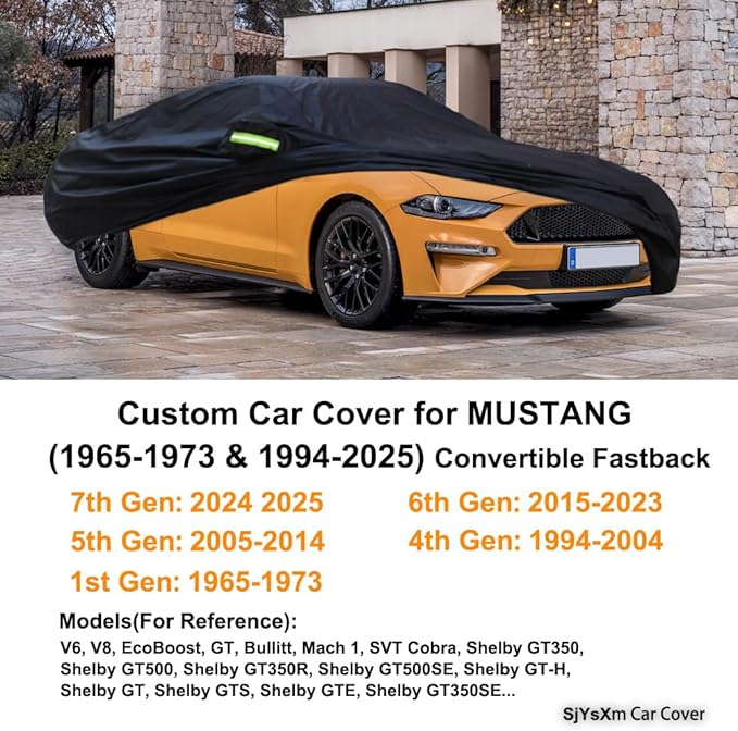 Custom Car Cover Compatible with Ford Mustang 1994-2026 1965-1973, Waterproof All Weather Rain Sun Snow UV Cover for Mustang GT, EcoBoost, Cobra, Bullitt, Mach 1 Convertible Coupe, Outdoor