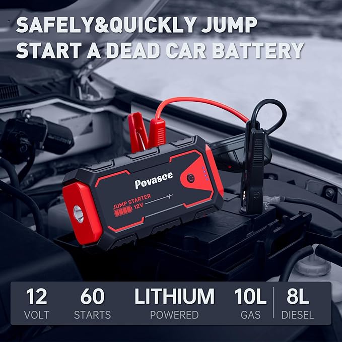 Povasee Jump Starter 5000A Car Jumper Starter, Model A30 12V Jump Box for Car Battery up to 10L Gas or 8L Diesel Engine Battery Jumper Starter Portable with Power Bank/Dual Output/LED Light