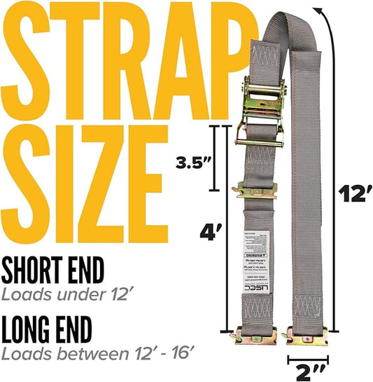 US Cargo Control Double-Fitted E Track Strap 2" x 16', 4,400 LBS Break Strength, Gray Heavy Duty E Track Ratchet Straps with 3 Spring E-Fittings, Versatile 2-in-1 Logistic Tiedowns