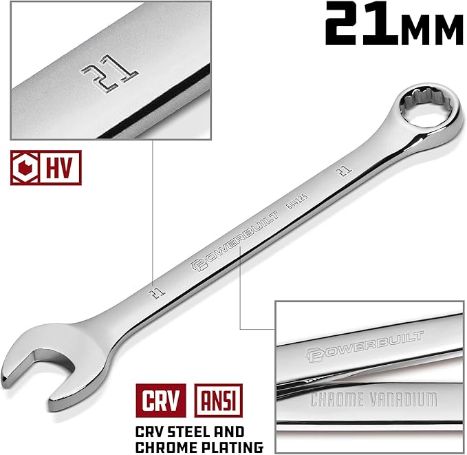 Powerbuilt 21mm Metric Combination Wrench, 12 Point Double Ended Box and Open End, 15 Degree Offset Polished 644125