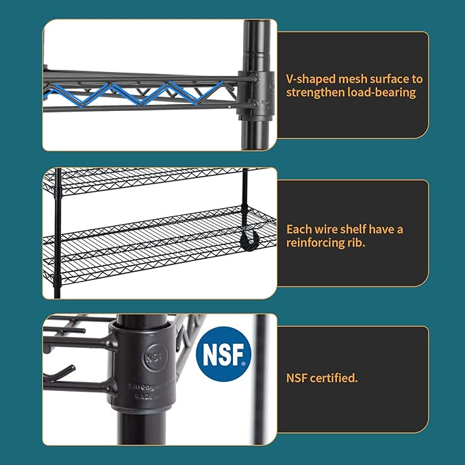 BestMassage Wire Shelving Unit Heavy Duty Garage Storage Shelves Large Metal Shelf Organizer 6-Tier Height Adjustable Commercial Grade Utility Steel Rack with Wheels,18 x 48 x 72 (Black)