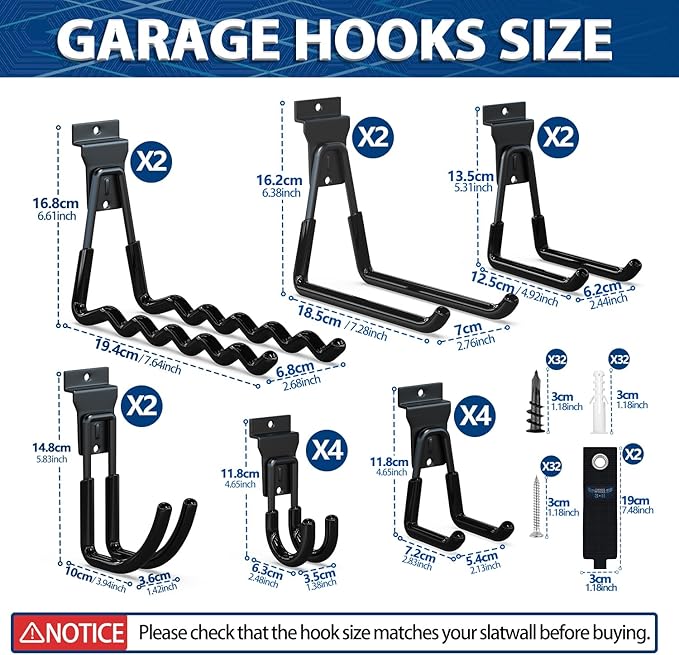 3-H Slatwall Hooks 18 Pack Heavy Duty Multi Sizes, Slatwall Accessories & Hangers Compatible with Proslat Handiwall Crownwall StoreWALL, Garage Slat Wall Hooks for Tools & Daily Items(Black)