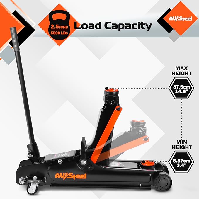 AV Steel Floor Jack 2.5 Ton (5500 lbs), Low Profile Floor Jack with Single Piston Pump, Heavy Duty Steel Hydraulic Jack for Car, Jack for Car with Lifting Range 3.4'' to 14.6''