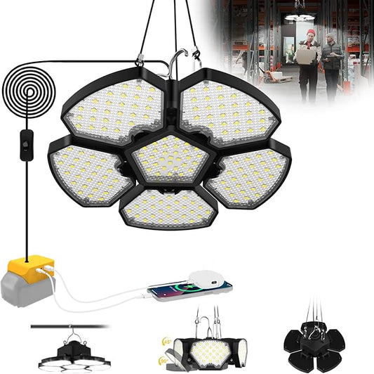 Cordless LED Work Light Compatible with DeWalt 20V Battery, 65W 6500LM Flood and Ceiling Pendant Light with USB & Type-C Charging Port, 5+1 Deformable Panels for Garage, Workbench, Job Site, Camping