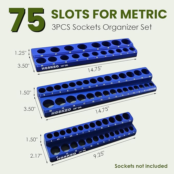 Magnetic Socket Organizer Set, 3 Pcs Blue Metric Socket Tray Set for 1/4", 3/8", and 1/2" Sizes Drive, Socket Holder Holds 75 Sockets for Tool Box