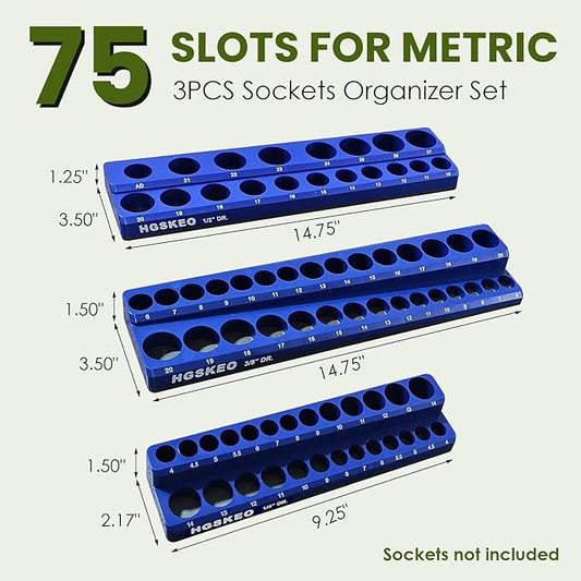 Magnetic Socket Organizer Set, 3 Pcs Blue Metric Socket Tray Set for 1/4", 3/8", and 1/2" Sizes Drive, Socket Holder Holds 75 Sockets for Tool Box