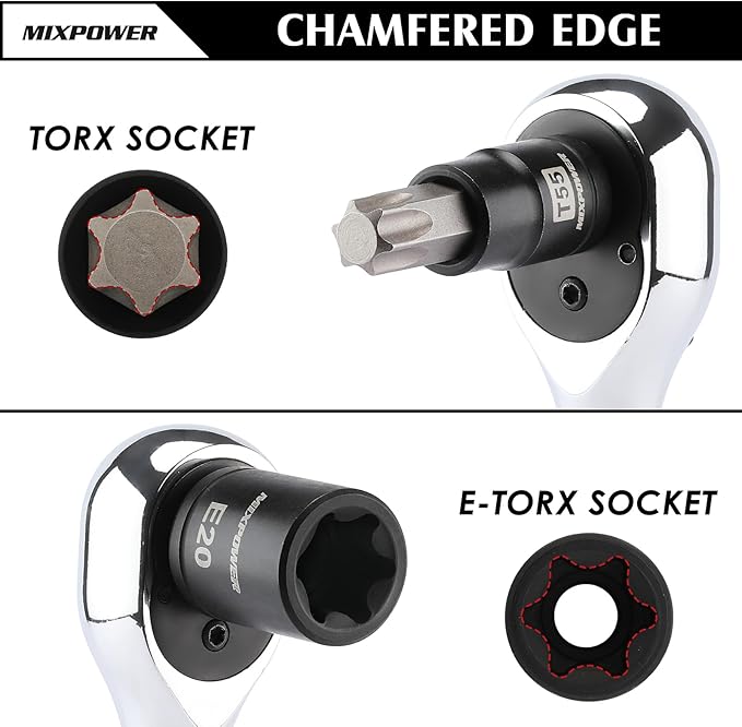 MIXPOWER 32PCS Torx Bit Socket Set, 14 Star Bits (T8-T70)& 13 E-Torx Sockets (E4-E24), CR-V & S2 Alloy Steel